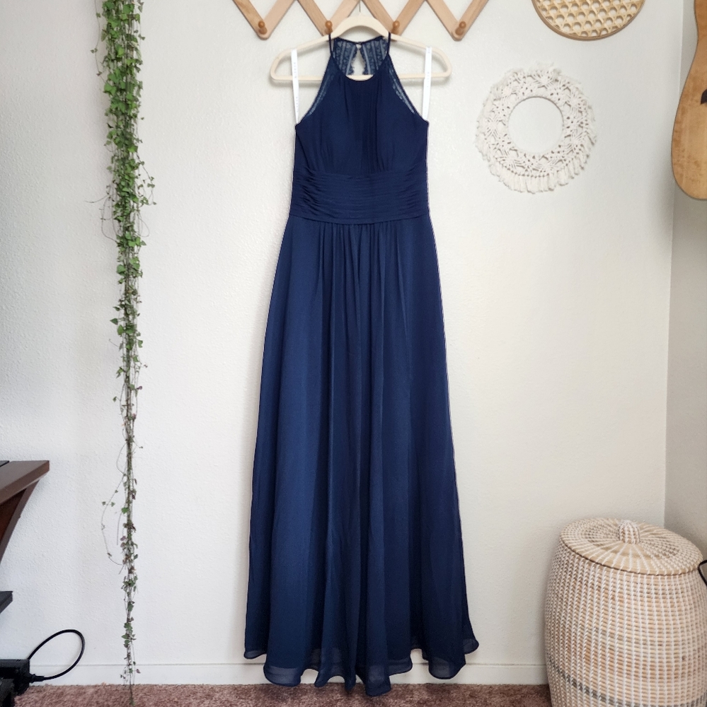 Azazie High-Neck Chiffon Gown In Navy Blue Women's Size Medium EUC